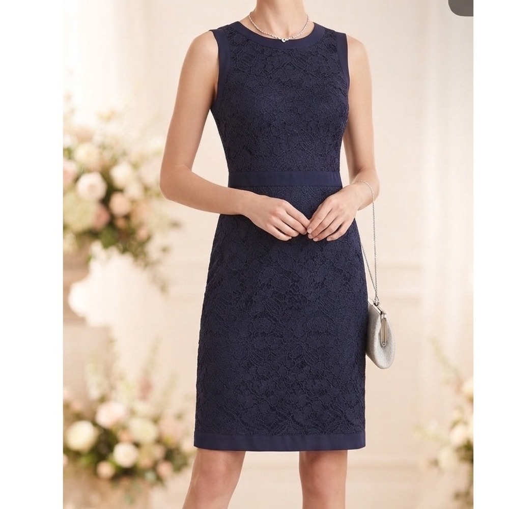 Ann Taylor Navy Blue Lace Overlay Sheath Dress Size 0 Sleeveless Career Office